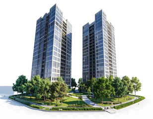 Angled 3D perspective of two tall modern towers with surrounding park area, trees