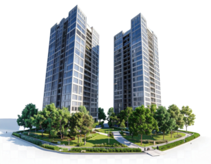 Angled 3D perspective of two tall modern towers with surrounding park area, trees