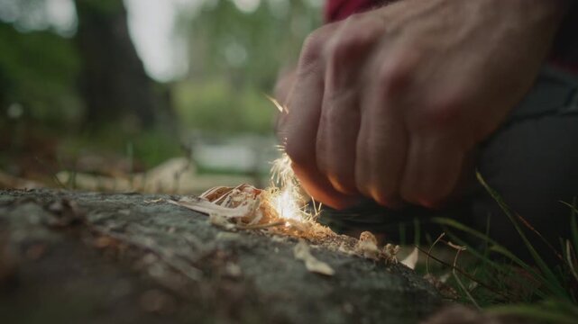 Close-up view of male hands striking ferro rod over wooden feather stick to create sparks and start fire in forest during survival or bushcraft activity