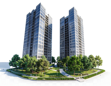 Angled 3D perspective of two tall modern towers with surrounding park area, trees