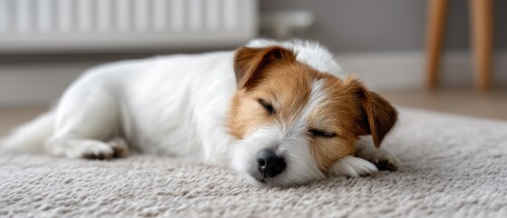 A small dog is resting comfortably on a plush carpet in a cozy indoor environment, enjoying a quiet moment of sleep