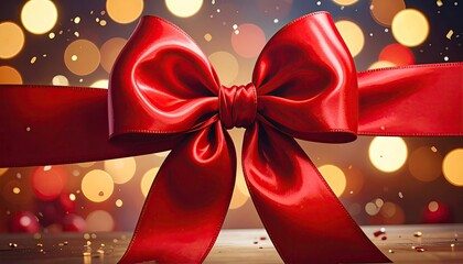 Satin Red Ribbon Bow Centered Against Shimmering Gold Bokeh Lights on Dark Backdrop Creating an Atmosphere of Celebration and Festive Cheer