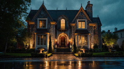 Fototapeta premium Elegant stone house illuminated at dusk with warm lights highlighting architectural details, surrounded by well-maintained landscaping and wet pavement reflecting light.