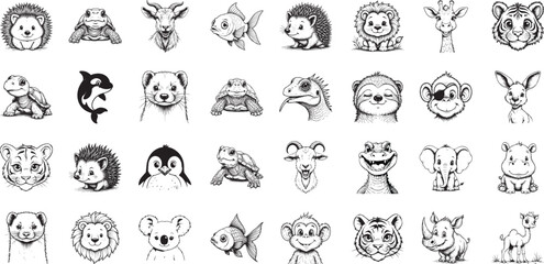 Animal Collection: A meticulously illustrated ensemble of captivating animal faces, brought to life in monochrome, offering a versatile selection of unique character designs.