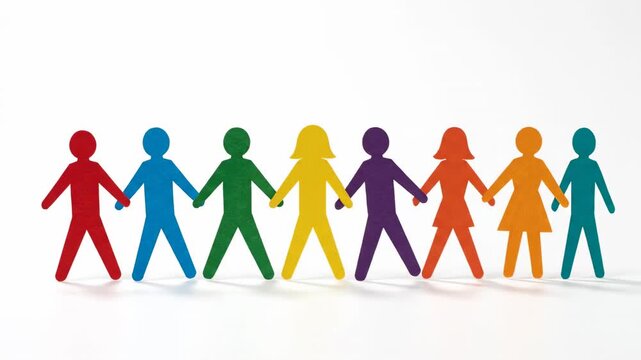 Colorful Paper People Holding Hands - A row of colorful paper cutout people stand holding hands, symbolizing unity, diversity, and inclusion.