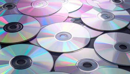 Scattered Silver Compact Discs Reflecting Iridescent Light on Dark Surface
