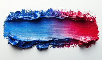 A vibrant, horizontal smear of blue and red paint, textured and spattered, against a white background