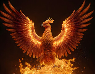 mythical phoenix bird created with fire, golden eagle with red wings, eagle in fire