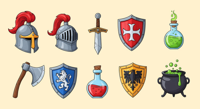 Fototapeta Fantasy medieval warrior icons set knight helmet shield potion axe cauldron and sword