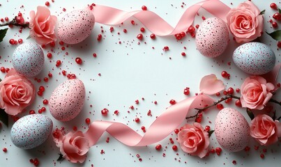 Pastel Easter eggs, roses, and ribbons on a white background.  A spring-themed arrangement