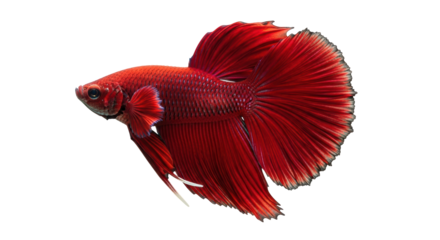 Isolated brilliant red Betta fish in motion with delicate fins for aquatics or pet use