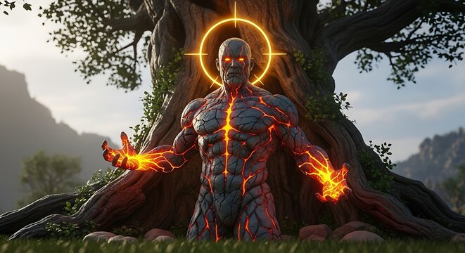 Powerful Divine Figure Under Ancient Tree.
