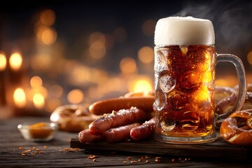 Close-up of frothy beer mugs, fresh pretzels, and grilled sausages on a rustic wooden table, perfect for Oktoberfest food and drink advertising