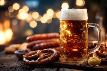 Close-up of frothy beer mugs, fresh pretzels, and grilled sausages on a rustic wooden table, perfect for Oktoberfest food and drink advertising
