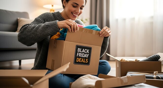 Happy shopper opening parcel with Black Friday sticker - Powered by Adobe