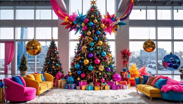 Maximalist Christmas living room with extravagant tree ornaments and vibrant neon color palette