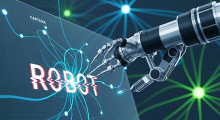 Robotic Hand Interacting with Digital Screen Displaying the Word Robot.