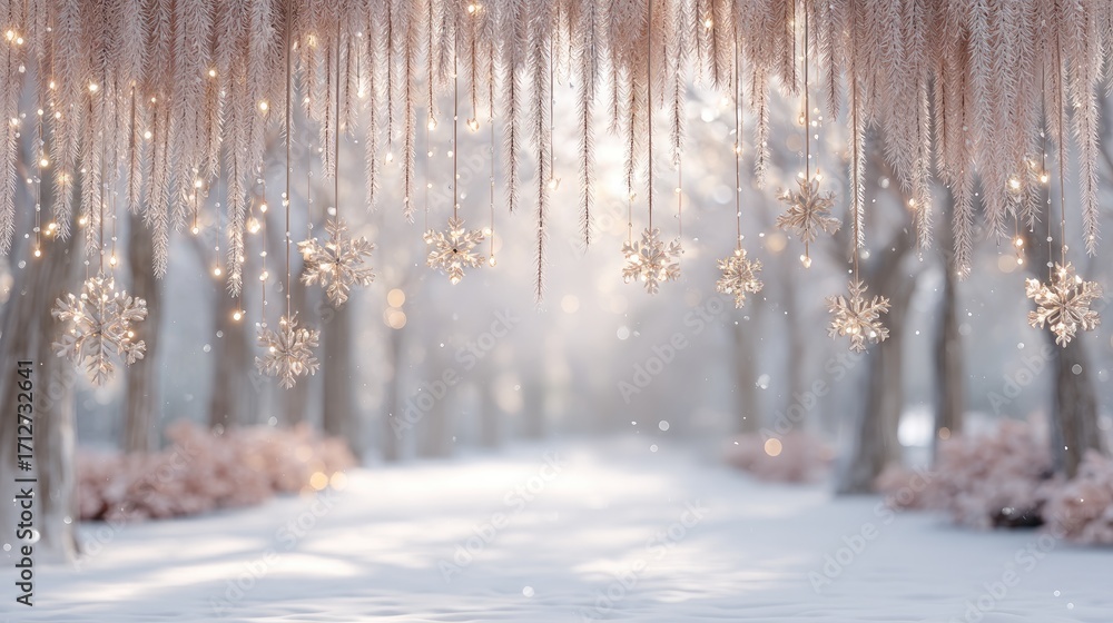 Poster a delicate snowflake hangs from a pine branch, set against a soft, blurred bokeh background, capturi