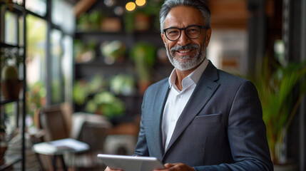 Senior indian or latin businessman in formal suit, holding 10-inch digital tablet
