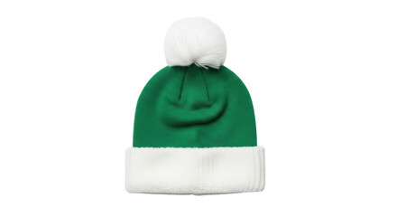Isolated green knit beanie cap with fluffy white pom pom, winter knitwear headwear item