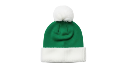 Isolated green knit beanie cap with fluffy white pom pom, winter knitwear headwear item