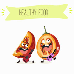 tamarillo or Solanum betaceum funny characters, hand drawn vector illustration.