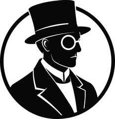 Silhouette of a man in a top hat and monocle within a circle on white background