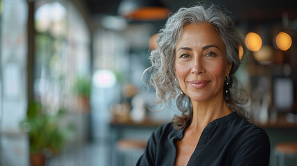 Confident senior Hispanic businesswoman standing in a bright modern office, smiling slightly to the side with a clean minimal background and copy space