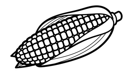 Line drawing of an ear of corn, husk partially opened, showcasing kernels.