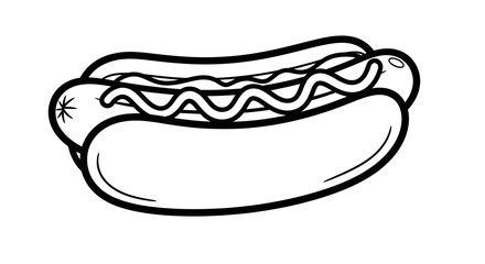 Classic Hot Dog with Mustard Line Art on an Isolated White Background, American Fast Food Snack