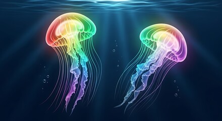 Two Rainbow Jellyfish Underwater Scene.