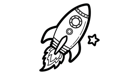 Fototapeta premium Rocket Spaceship Launching Line Art with Star on an Isolated White Background, Space Exploration