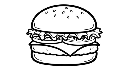 Delicious Hamburger Fast Food Line Art on an Isolated White Background, Classic Burger Meal