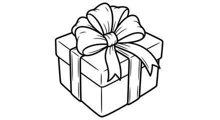 Festive Gift Box with Bow Line Art on an Isolated White Background, Celebration and Presents