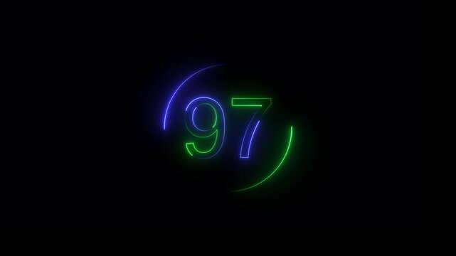 Glowing Neon 97 Countdown Timer Icon. Cyber Neon 97 Progress Number Bright glowing Energy Light Effect on black background.