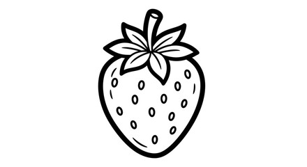 Simple black and white line drawing of a strawberry with leaves and seeds.