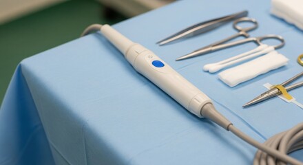 Modern Medical Diagnostic Device and Surgical Instruments on Sterile Blue Drape.