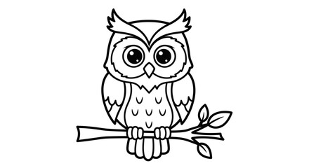 A line drawing of an owl perched on a branch with leaves. The owl has large eyes and feathered details.