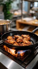 Fried chicken sizzles in a pan on a gas stove, with flames dancing around in a dynamic cooking environment.