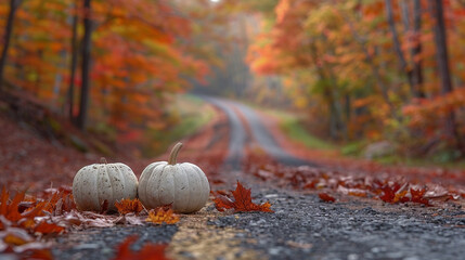Obraz premium Two petite white pumpkins placed on a quiet rural road lined with vibrant autumn foliage, warm afternoon sunlight casting gentle shadows, and a softly blurred background leading into the distance