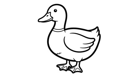 A line art drawing of a duck, standing with webbed feet visible, facing left.