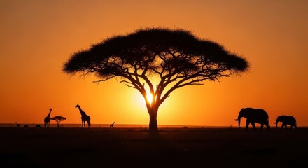 Majestic African Savannah Sunset Scene With Wildlife