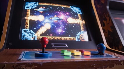 Retro arcade game cabinet with vibrant space-themed graphics, joystick, and buttons, inviting nostalgia and fun gameplay