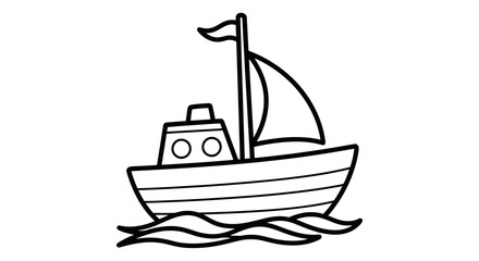 Simple line drawing of a sailboat on wavy water, featuring a small cabin and a single sail.
