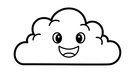 Happy Cartoon Cloud Smiling Outline Drawing on Isolated White Background, Cute Joyful Weather Element for Kids Coloring Book.