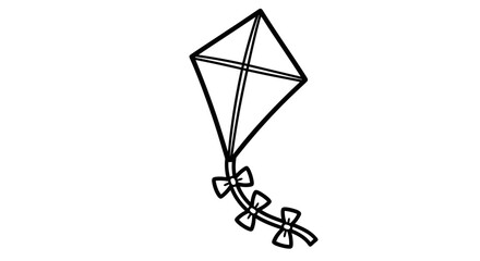 Classic Diamond Kite with Bows Outline Drawing on Isolated White Background, Playful Flying Toy for Kids Coloring Book.