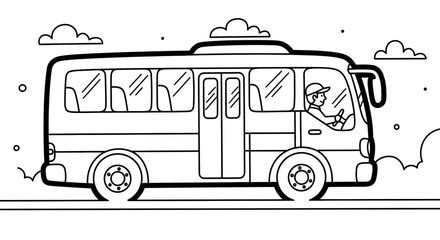 A black and white line drawing of a bus with a driver, set against a simple landscape background.