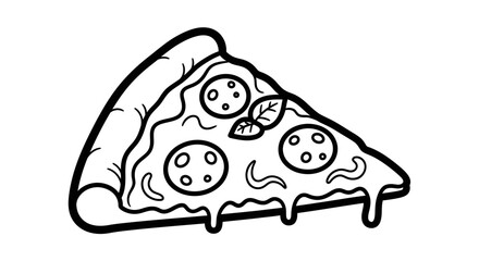 Outlined black and white illustration of a delicious pizza slice.
