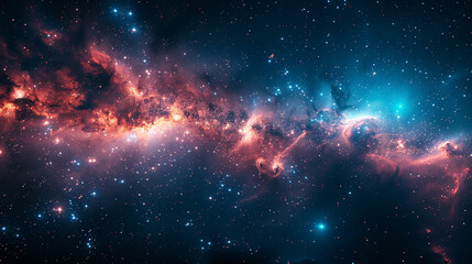 Vivid pink and blue nebula with swirling gaseous clouds and scattered star clusters set against a deep black backdrop, with bright highlights on dust formations for cosmic depth