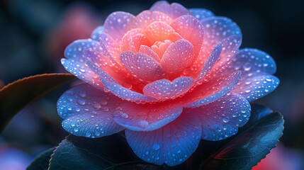 Close-up of a vibrant camellia flower in shades of pink, blue, and purple glowing against a dark background, with detailed symmetrical petals and space for copy